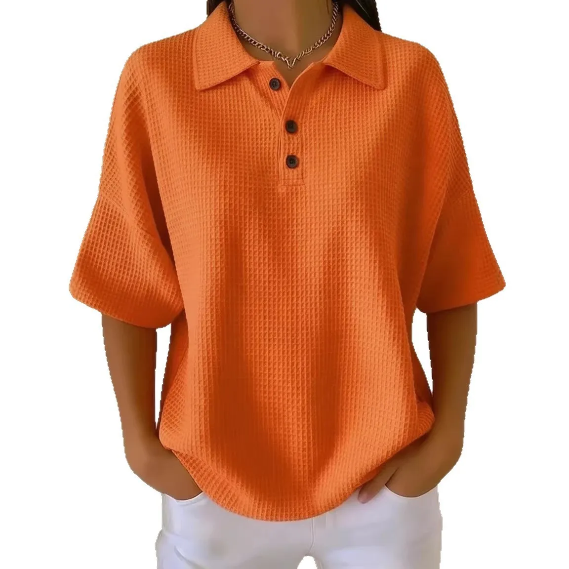 Short Sleeve Pullover Top Regular Fit American Style with Patchwork Casual Drop Shoulder Streetwear Notched Collar for Women
