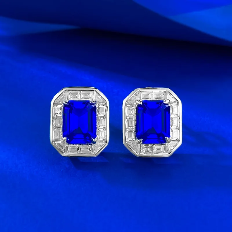 New S925 Silver 7 * 9mm Rectangular Asche Blue Demon Cultivation Earrings with Noble Style, Edging and Inlaying, Wedding Jewelry