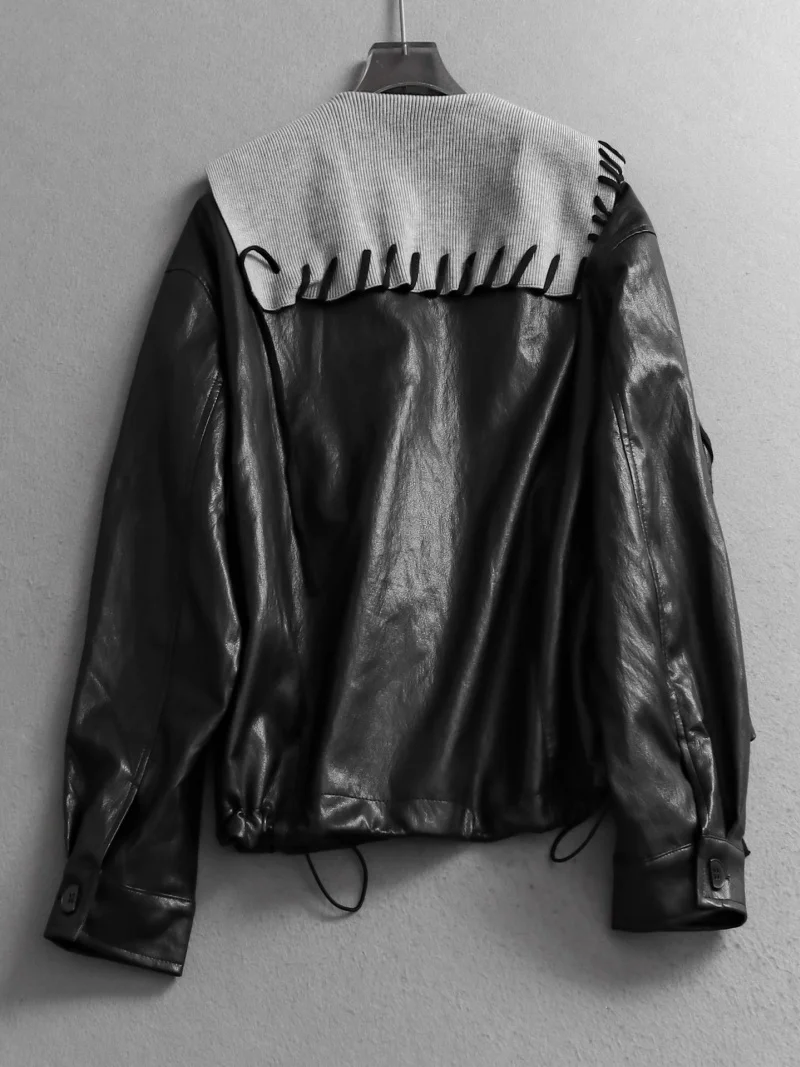 Giacca in ecopelle con colletto in maglia impiombata - Blu scuro, design snellente oversize, cappotto da donna a maniche lunghe autunno 2025 W584