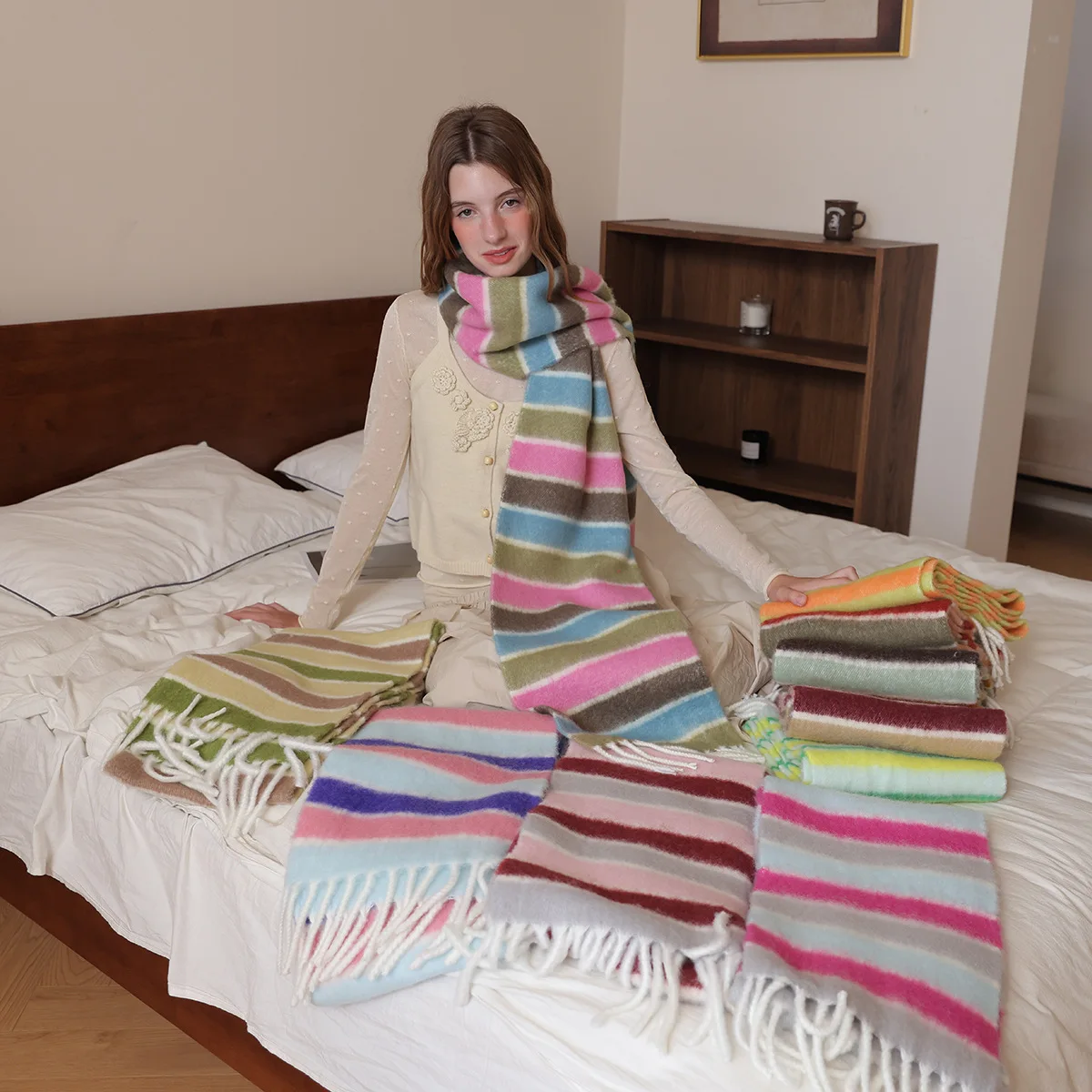 

2025 Winter New Colorful Striped Wool Blended Tassel Women's Scarf Thickened Warm Outer Coat Shawl Skin friendly Couple's Scarf