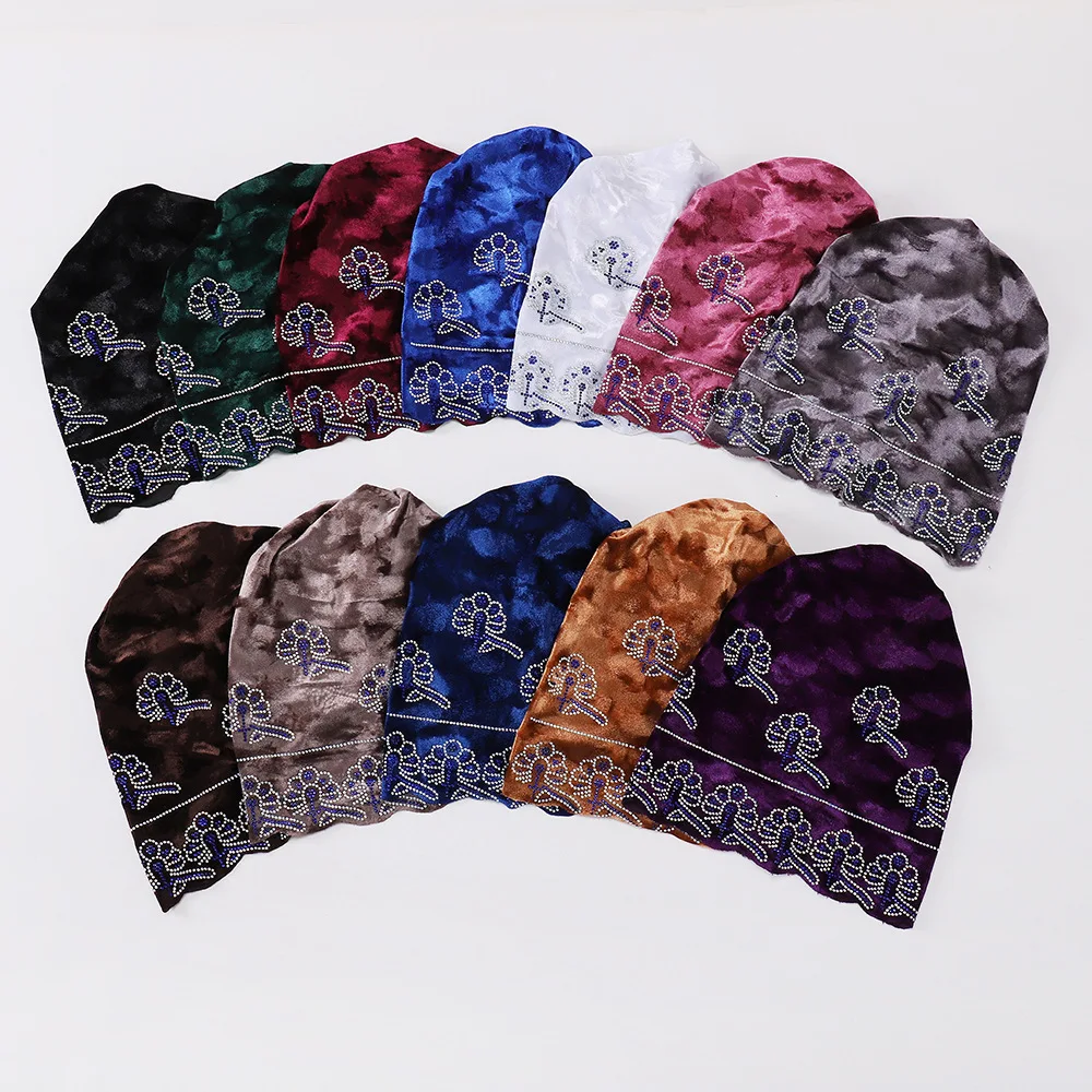 Strass Underscarf Velluto Cofano Berretti Donna Musulmano Hijab Cappello Interno Chemio Cap Perdita di Capelli Foulard Avvolgere la Testa Turbante Mujer