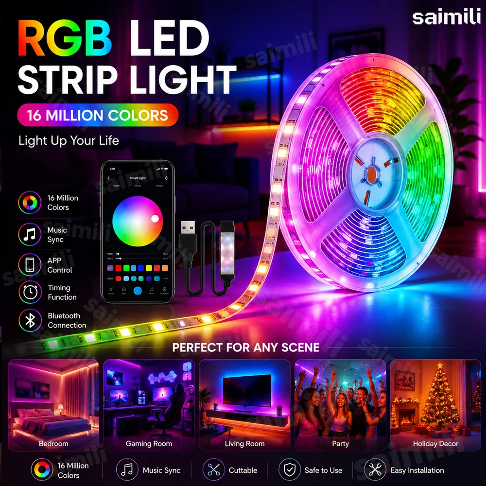 Fita de LED RGB USB Inteligente Flexível Controlada por APP com Sincronização Musical e Dimerizável para Iluminação de Fundo de TV e Decoração de Sala de Jogos