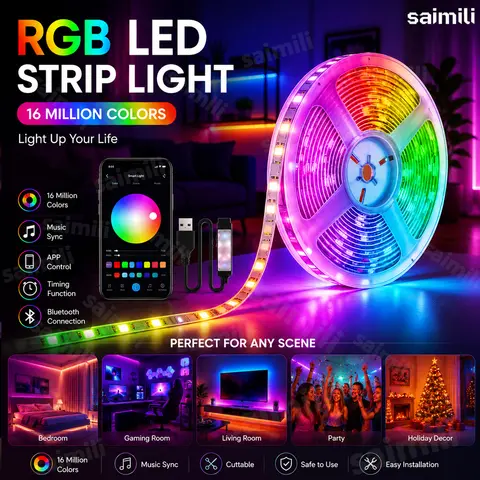 Fita de LED RGB USB Inteligente Flexível Controlada por APP com Sincronização Musical e Dimerizável para Iluminação de Fundo de TV e Decoração de Sala de Jogos