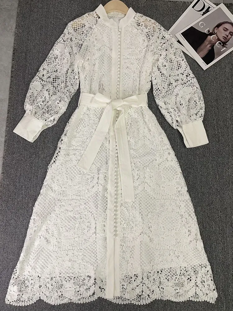 VGH-Robes monochromes à lacets épissés pour femmes, col montant, manches lanterne, taille haute, patchwork, dentelle découpée, élégante, femme