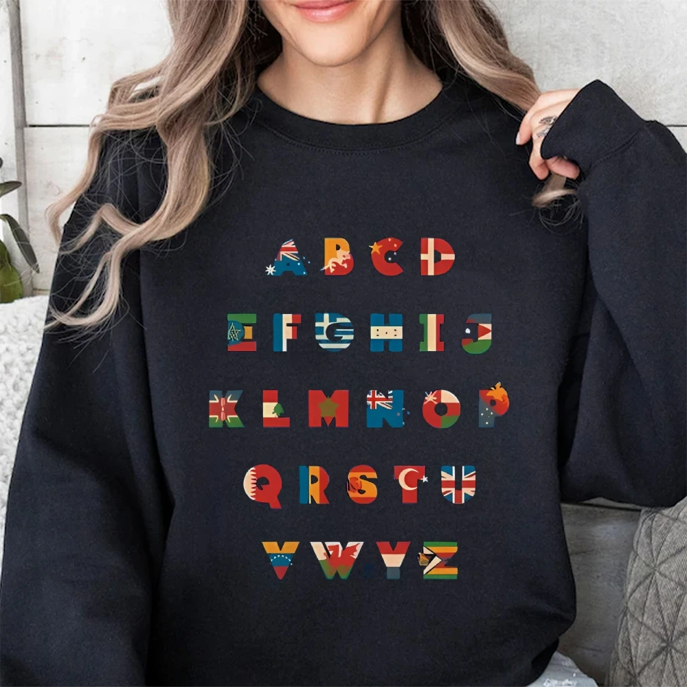 플래그 알파벳 운동복 글로벌 문자 인쇄 가을 겨울 캐주얼 느슨한 긴 소매 독특한 문화 유행 천상의