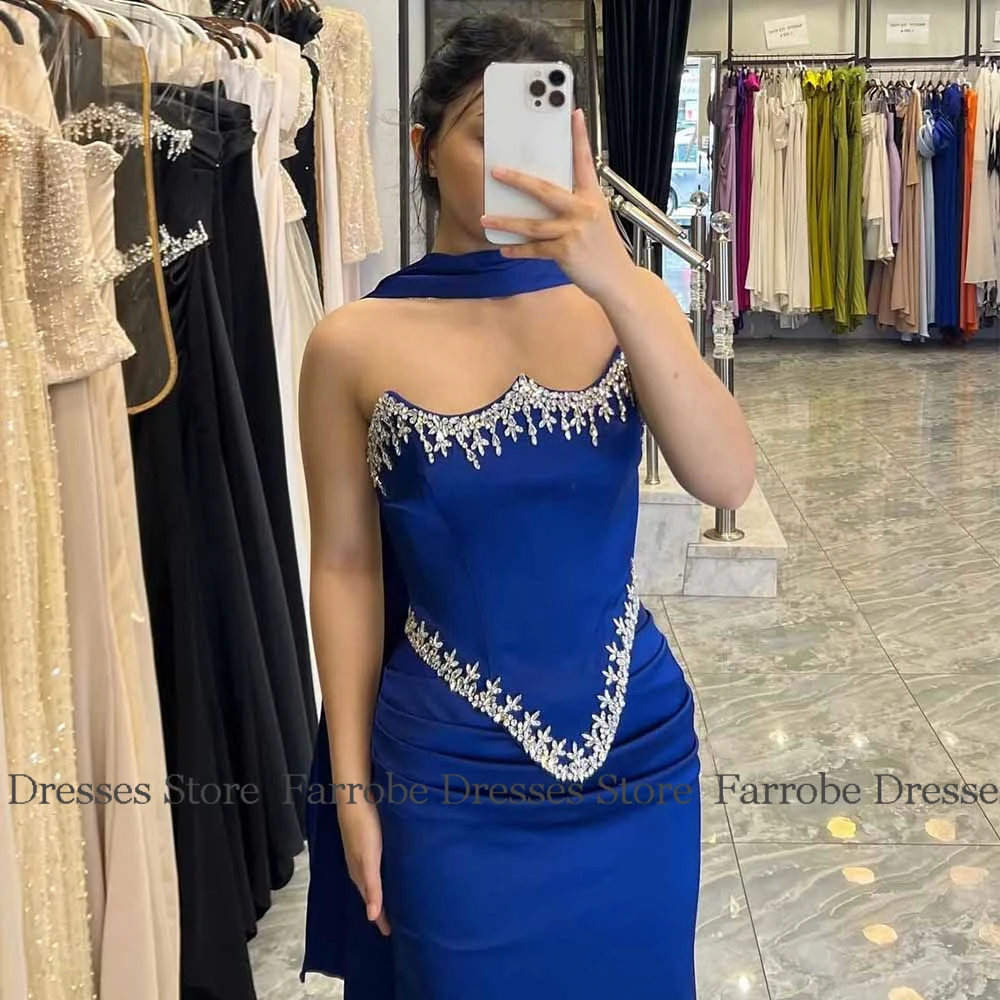 

Luxury Evening Dresses 2025 Satin Sheath/Column Valentine's Day Dress Royal Blue Strapless Rhinestones/Crystals Pleat Prom Dress