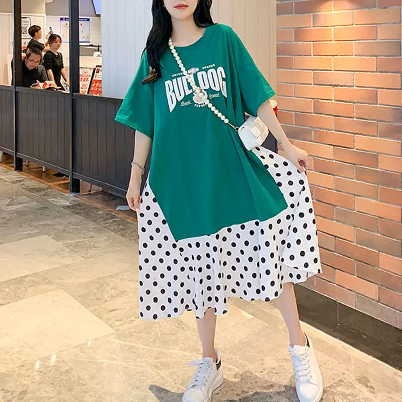 Women's O-Neck Short Sleeve A-line Skirt, Elegant Summer Dresses, Simplicity Casual Loose Temperament Skirt, Fashion Printing