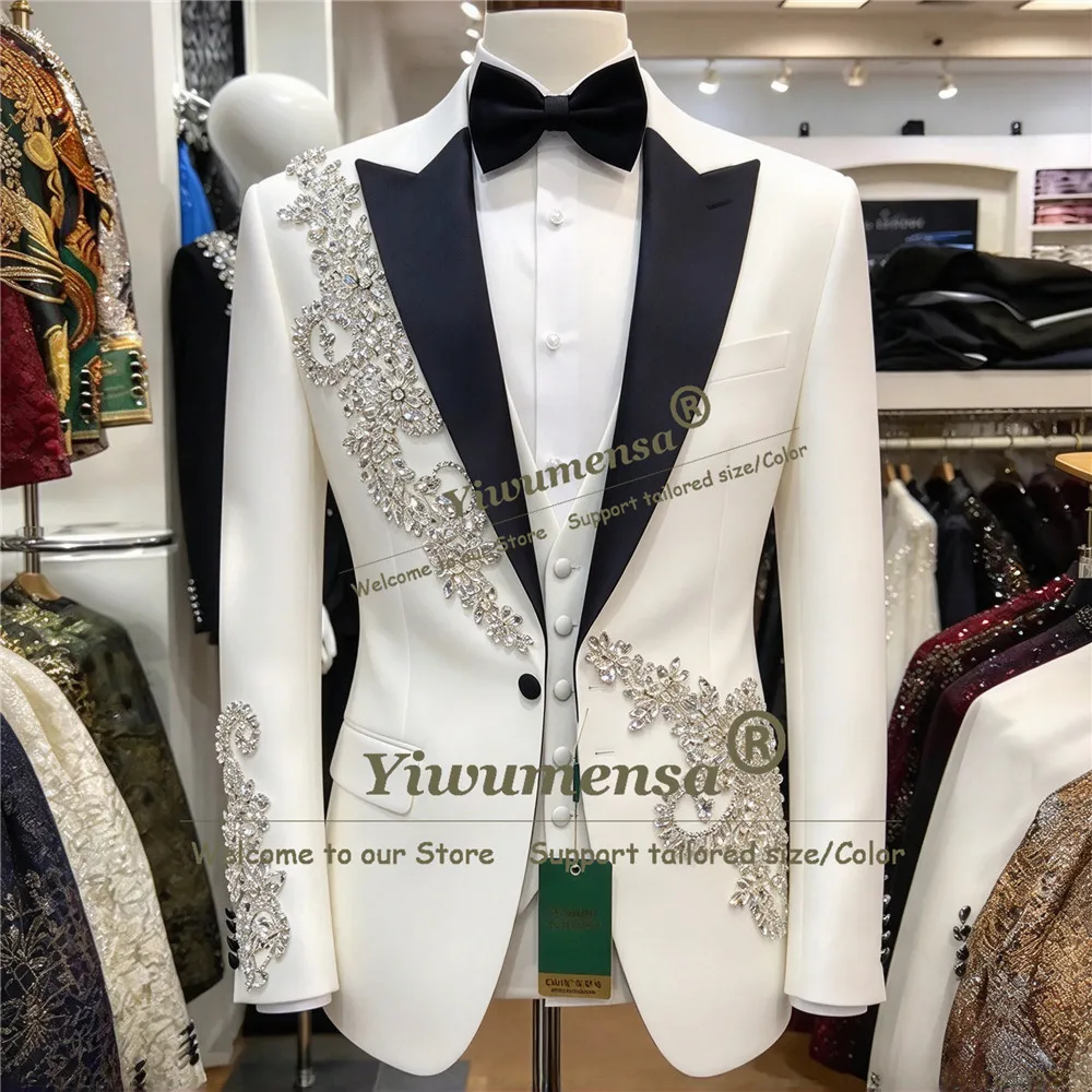 Handsome Bridegroom Tuxedo Suit Set For Wedding Guest Sparkly Beaded Stones Jacket Wasitcoat Trousers 3 Pcs Man Business Outfit