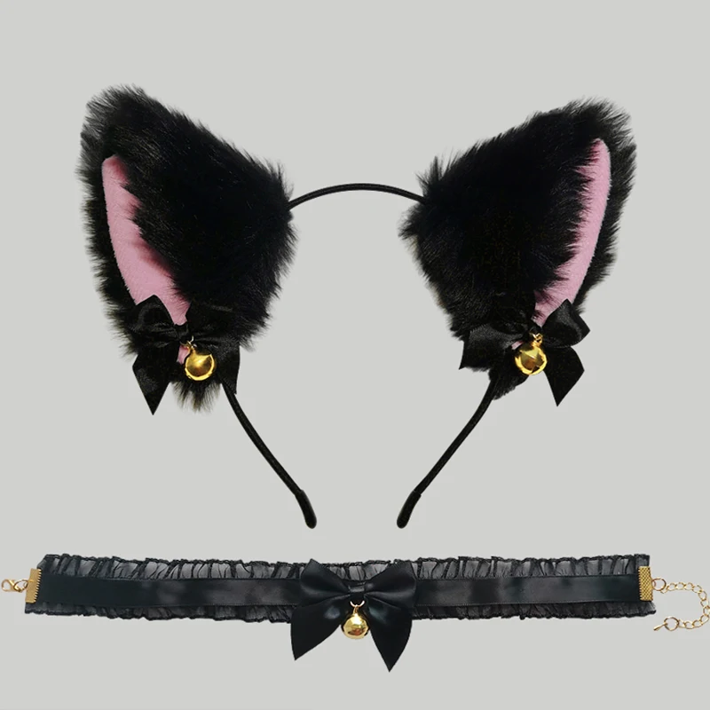 Sexy Cat Ears Headband for Women Girls Lace Bow Necklace Plush Bell Hairband Cosplay Masquerade-Party Costume Hair Accessories