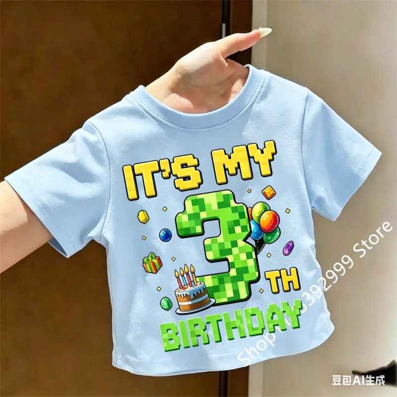 2026 Fashionable New Fun Building Blocks 1-9 Birthday Digital Pattern Summer Round Neck Children's Casual Short Sleeve T-shirt