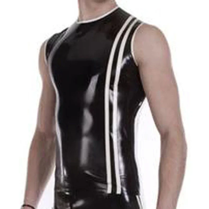 

Handmade Sexy Latex Tank Sleeveless Rubber Vest Top Black with White Stripes for Men