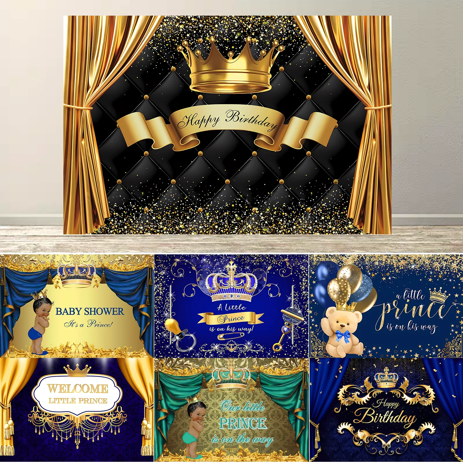 

Prince Birthday Party Backdrop Royal Blue And Gold Birthday Banner for Boys King Theme Baby Shower Party Decoration Background