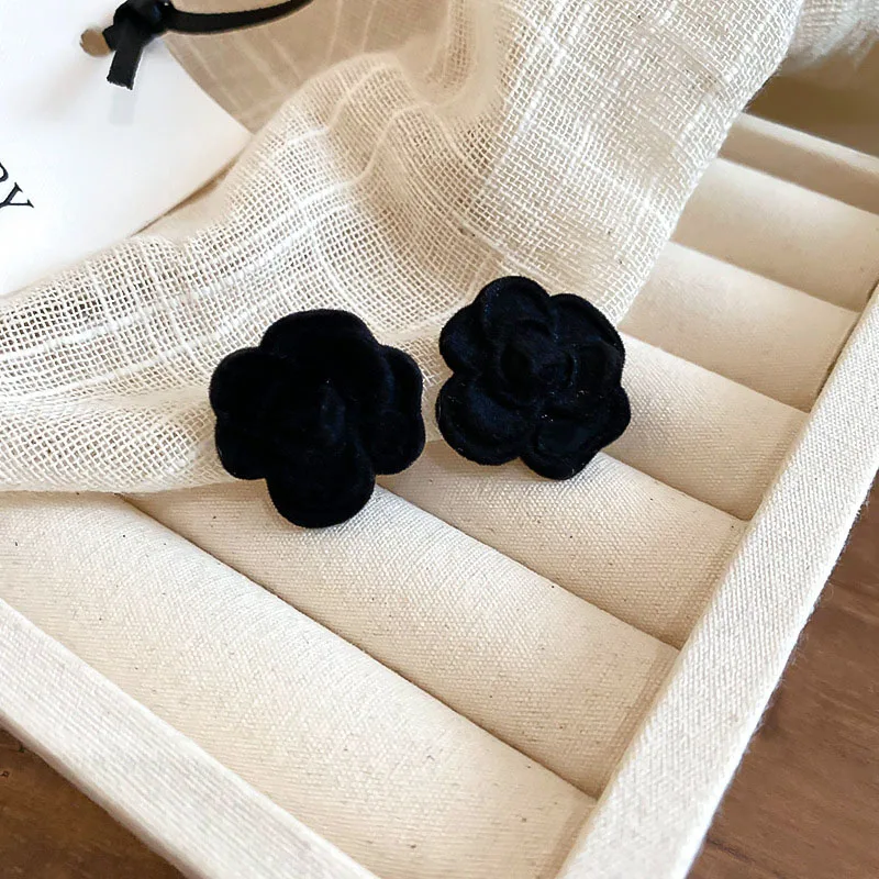 Ins Black Flocked Camellia Flower Stud Earrings Women Temperament Sweet Floral Earrings Jewelry Gifts