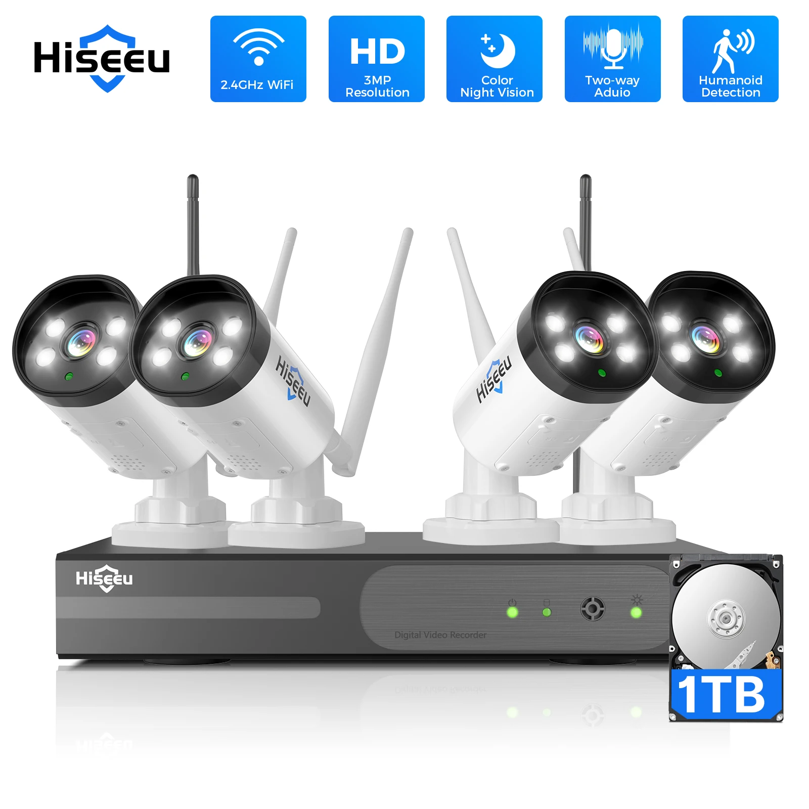Hiseeu H.265+ 16CH NVR 3MP WiFi CCTV System Kit Human Detection IR Night Vision P2P Outdoor Wireless IP Cameras Surveillance Kit