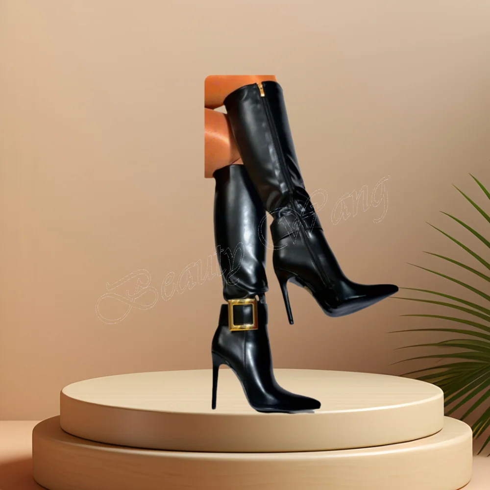 Botas de fivela alta para joelho feminino, sapatos de zíper lateral, dedo apontado, salto alto alto, ouro preto, 2021