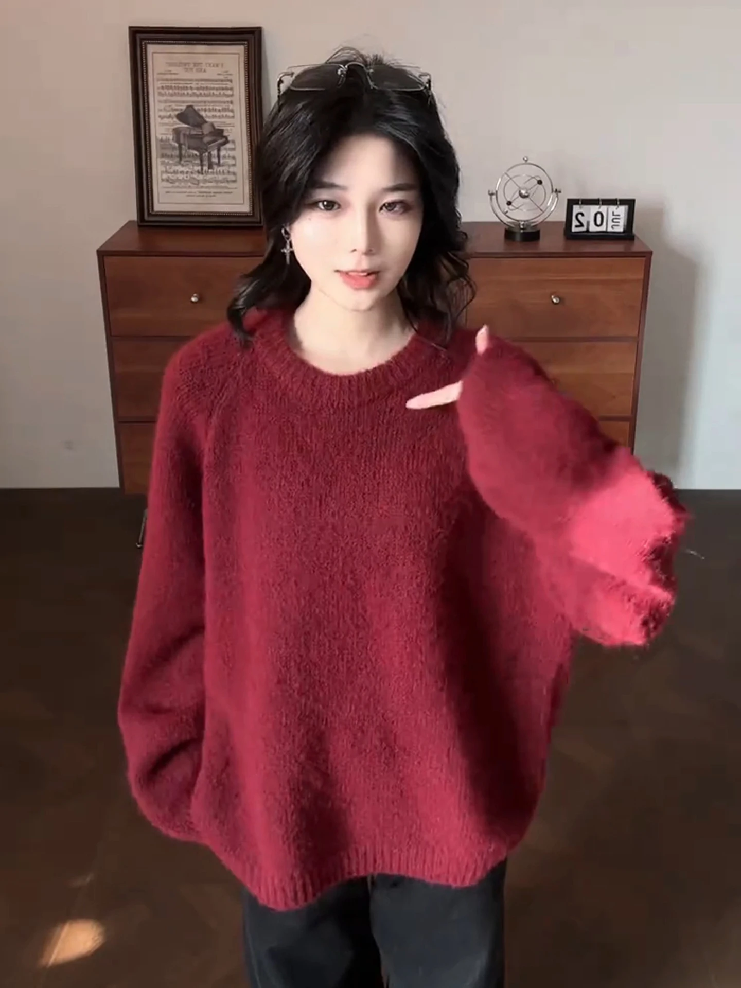 

Wine Red Knitted Sweater ex Winter American Retro round Ne Base irt Lunar New Year Lazy Sle Thiened Knitwear