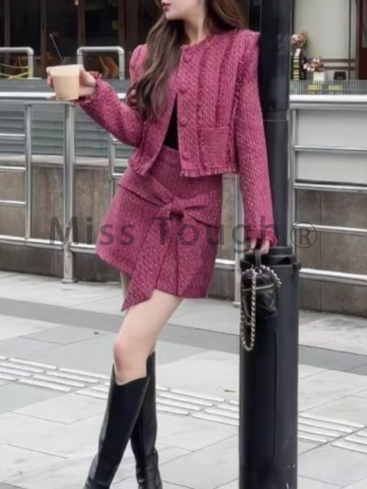 Winter French Fashion Retro 2 Piece Set Women Chic Solid Coat + Bow Slim Skirt New High Sense Elegant Aesthetic Casual Suit 2024