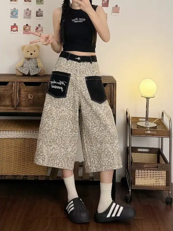 American Leopard Print Patchwork Pocket Denim Seven-Foot Women's plus Size Vintage Loose Slim Wide Leg Straight Mid-Pant Shorts