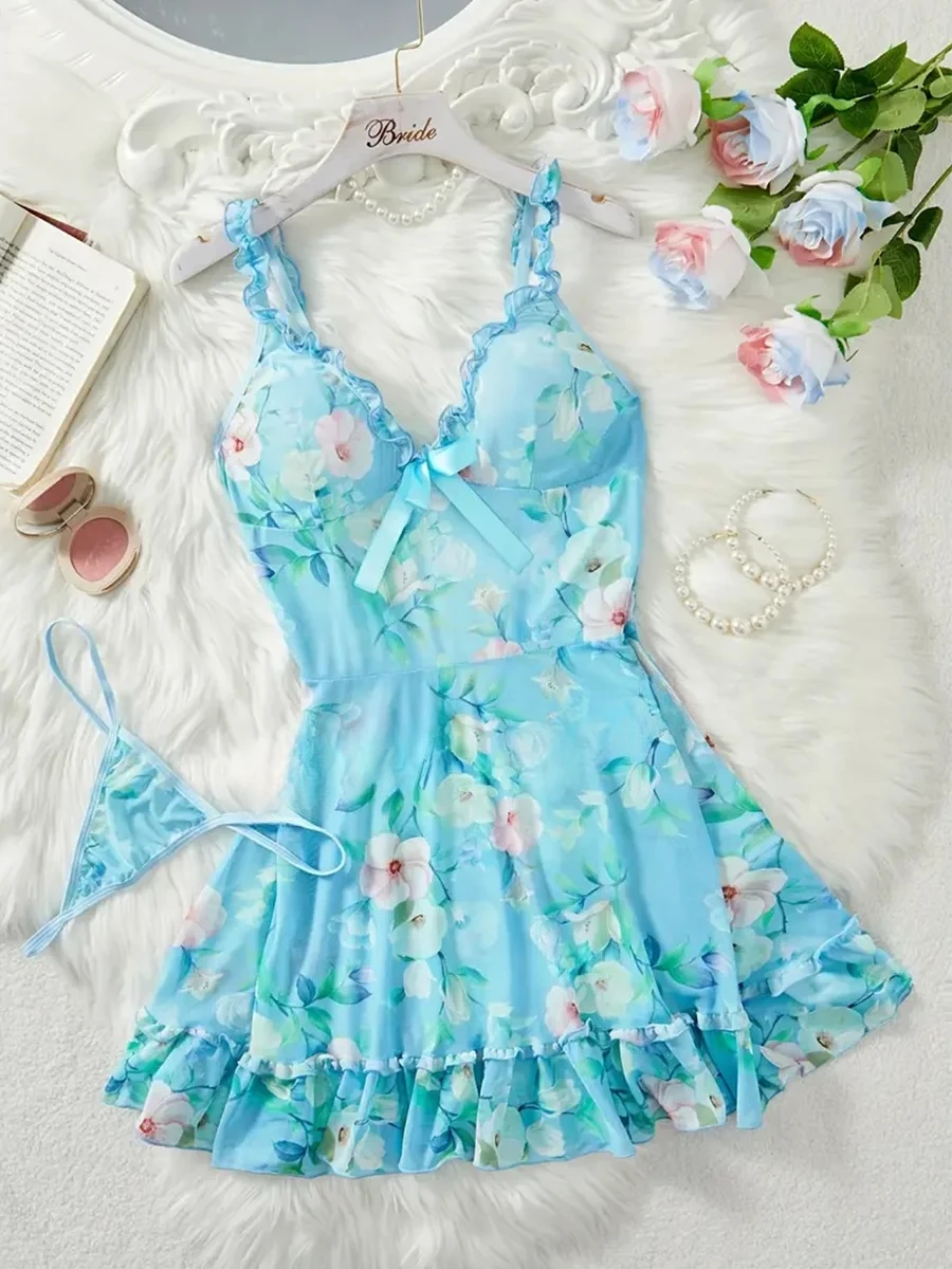 الملابس الداخلية النسائية مثير حمالة صدر وسراويل داخلية مجموعات الدانتيل كشكش تقليم مجموعة الملابس الداخلية العميق الخامس زلة فستان ثونغ المرأة مثير الملابس الداخلية #1