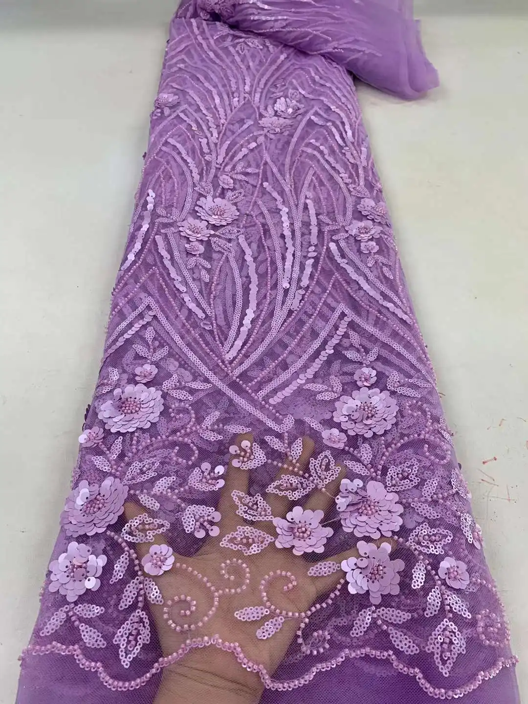 

​Purple Nigerian Tulle Lace Fabrics Elegant Beads High Quality Luxury African sequins French Tulle Lace For Party zx