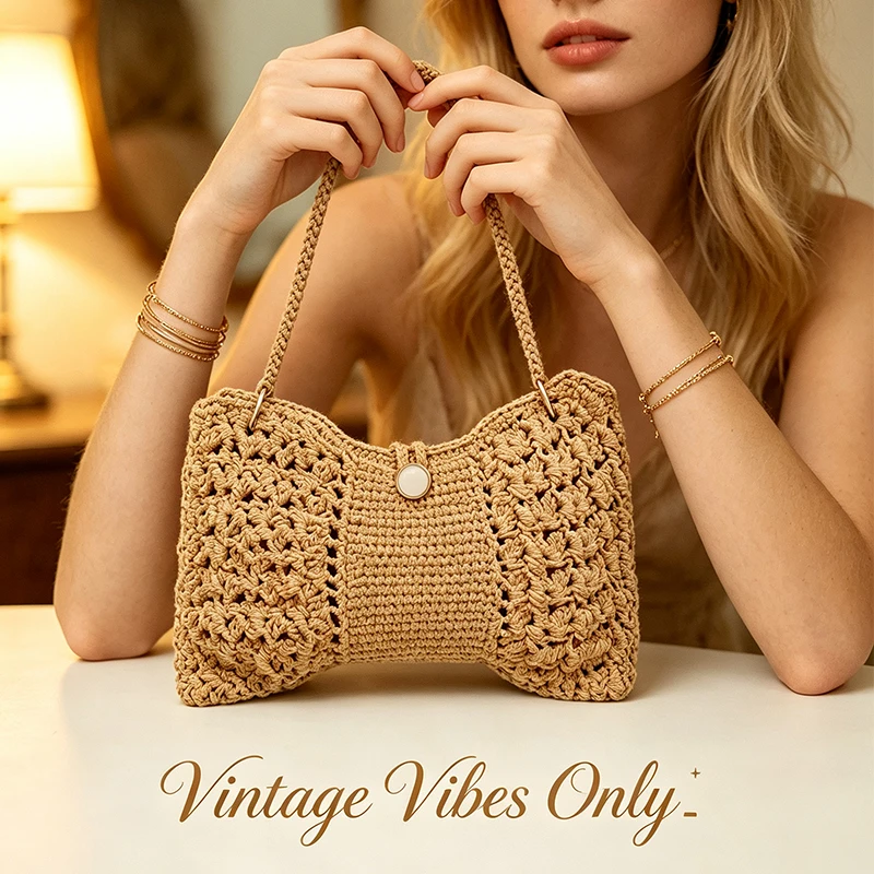 Bow-Shaped Hollow-Out Women's Shoulder Bag, Handbag, Crochet Bag DIY Material Pack, Crochet Kit Material Pack, Only the Making Kit Is Sold, Not the Finished Product Comes with Yarn, Crochet Hook, and a Complete Illustrated Tutorial, Beginner-Friendly, Suitable for DIY Enthusiasts to Make Their Own Crafts.