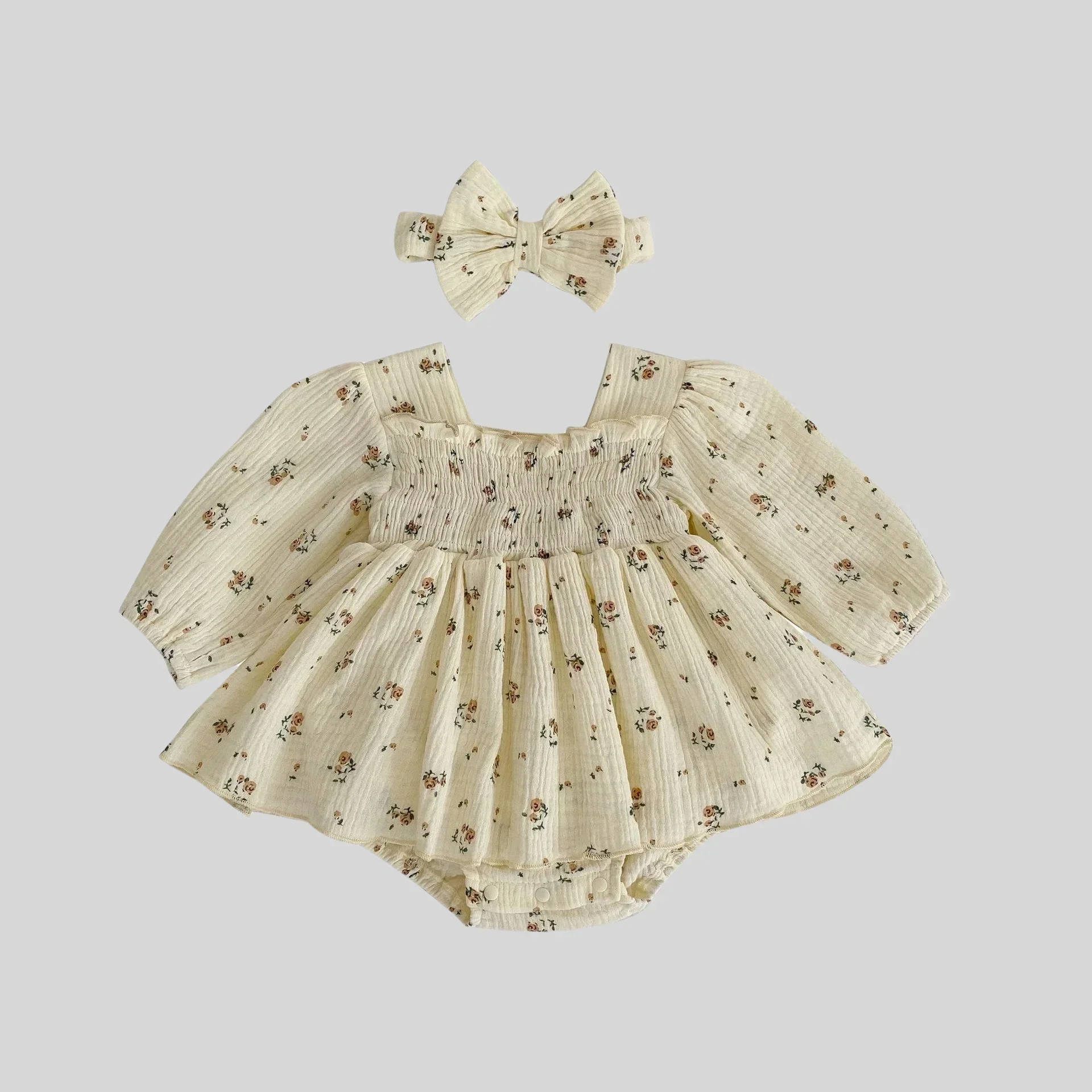 

2025 Baby Girl Spring Autumn Comfortable Cute Small Floral Long - Sleeve Romper - Sweet Princess Crawling Clothes with Headband