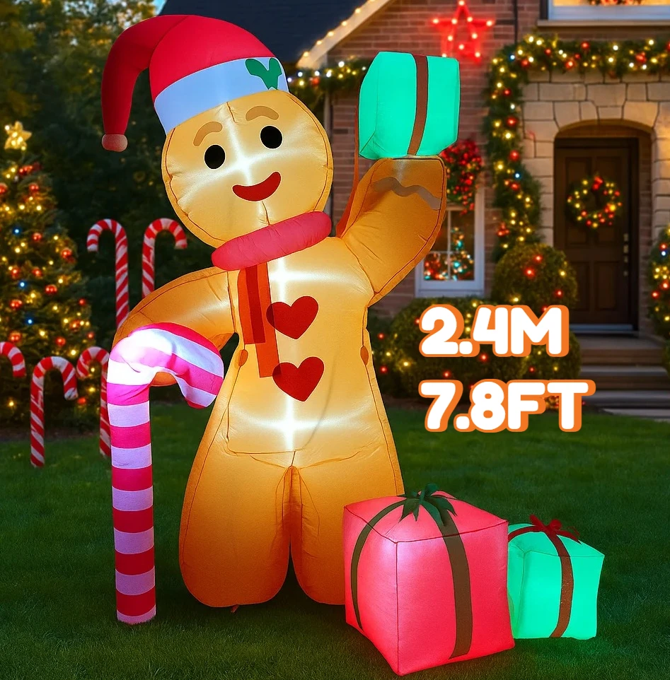 2.4 متر/7.8FT زينة عيد الميلاد لعبة قابلة للنفخ الزنجبيل رجل قصب الحلوى هدية صندوق المنزل ساحة الحلي LED زينة عيد الميلاد لعبة #5