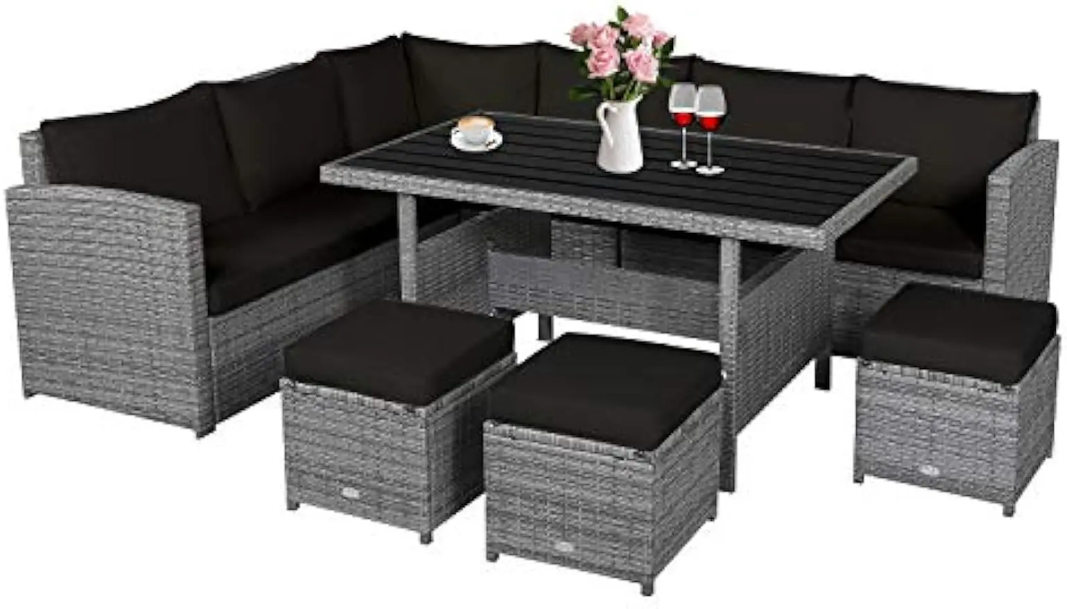 Set furnitur teras anyam, 7 PCS Sofa rotan luar ruangan, Set semua cuaca dengan meja makan & bangku, bantal lembut (hitam)