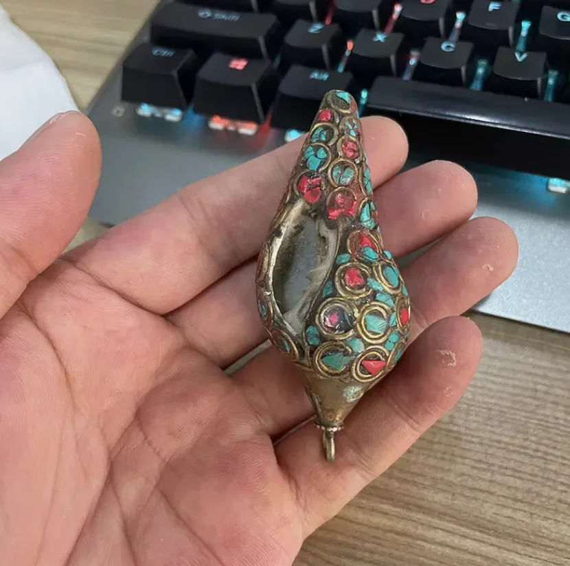 Old Tibetan Buddhism conch inlaid silver turquoise ruby Conch Trumpet Horn Shell