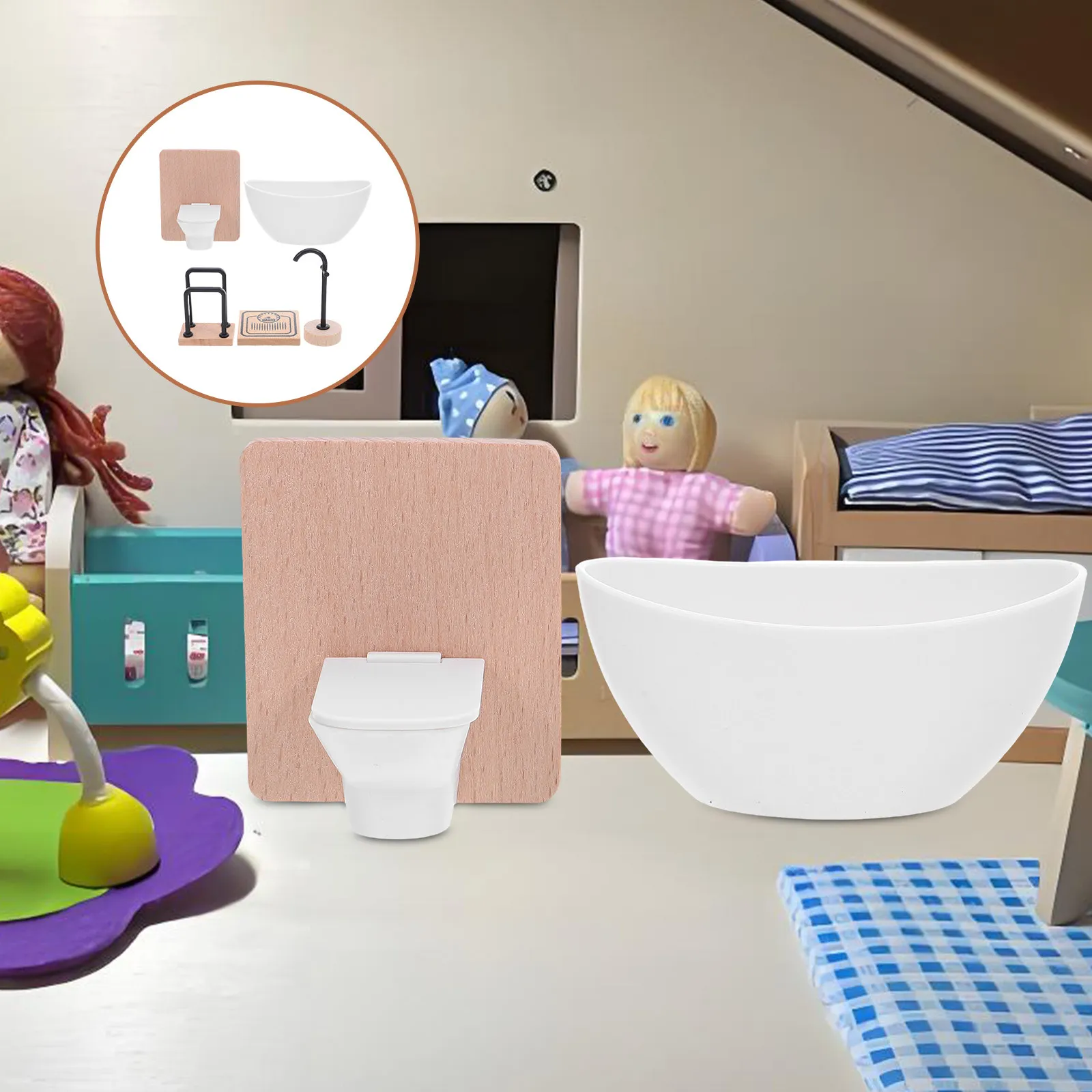 

1Set Miniature Dollhouse Bathroom Furniture Set Realistic Scale 1:12 Wood Plastic Bathtub Toilet Cabinet Wash Machine Decor
