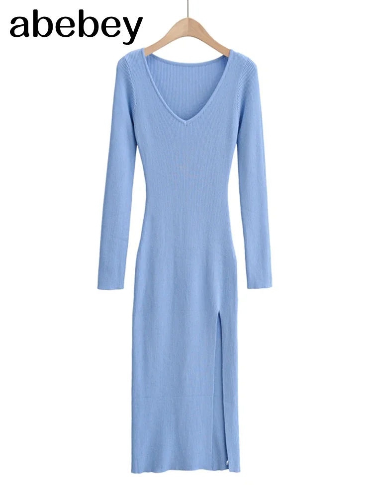 2026 신상 베이직 여성용 탄성 솔리드 엘레강스 V넥 스웨터 드레스 긴팔 여성용 사이드 오픈 미디 롱 드레스