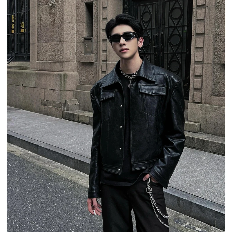 

Bla ort Leather Jaet Men's Trendy High-End Feeling Cool Streetwear Motorcycle Clothes American Trendy Brand oulder Pa...