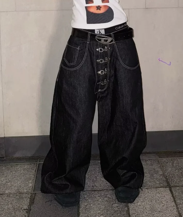Women’s Metal Buckle Design Curved Wide-leg Jeans High Waist Straight Baggy Denim Pants Female Vintage Street Style Trouser w74