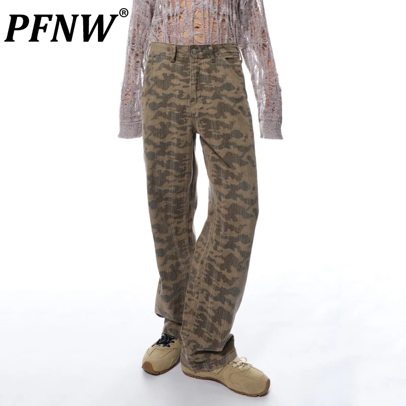 

PFNW Male Leopard Printing Denim Pants Worn-out Washed Design Straight Leg Loose Men's Jeans Niche Style New Autumn 202428W3905