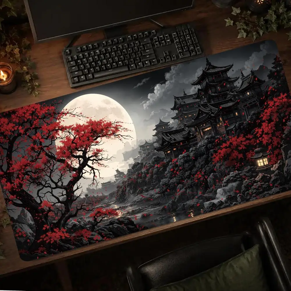 Moon Night Pavilion Red Maple Tree Mouse Pad Carpet Playmat Office Decor Desk Mat Big Mousepepad Rug Gamer Setup Decoration