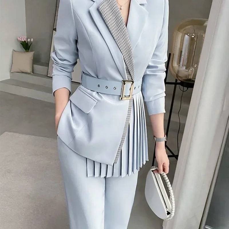 2024 Womens Pants Suit With Belt Ladies Evening Party Tuxedos Formal Work Wear Wedding Occasion Spring Autumn Blue 2 Pieces