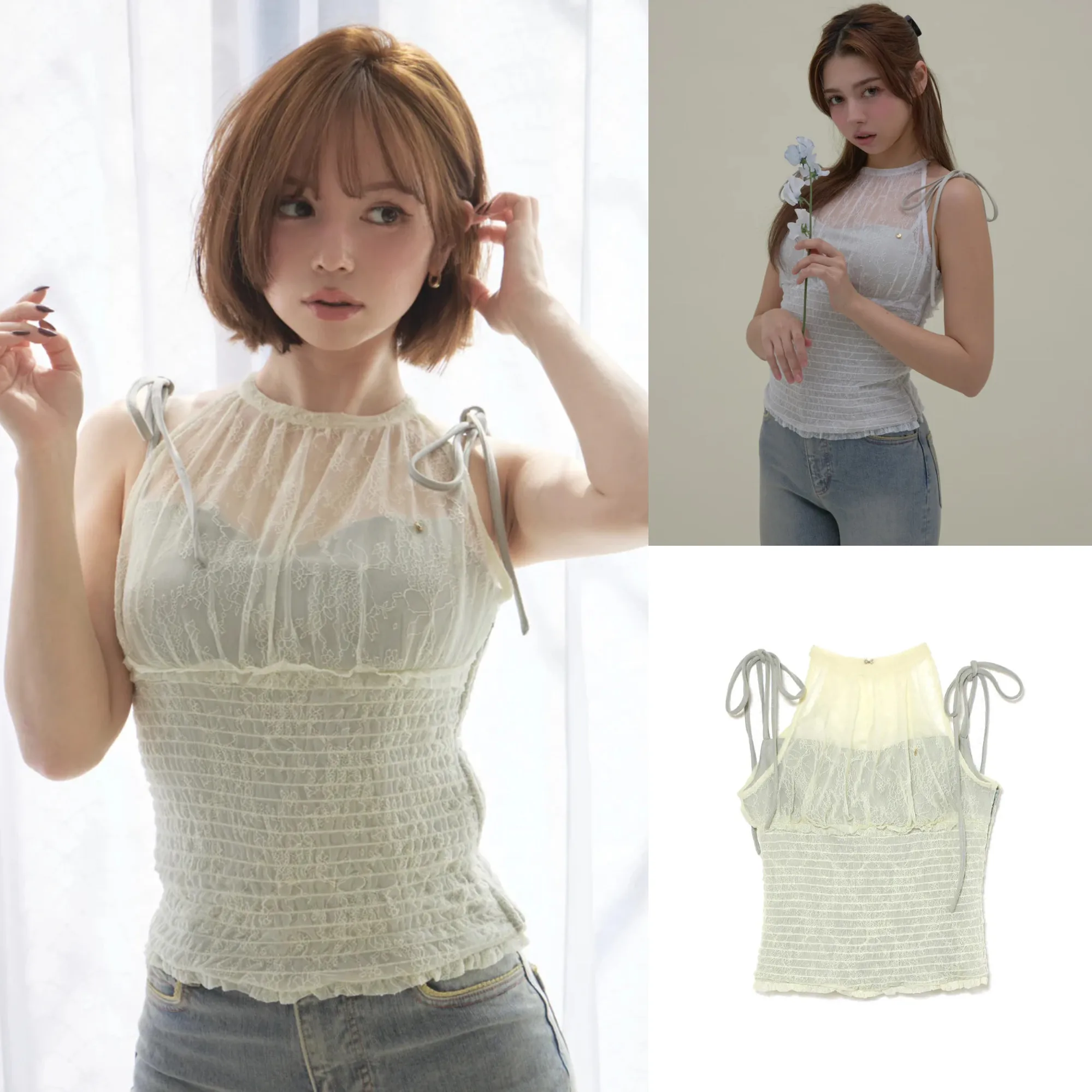 Top de Tirantes Y2K para Mujer, Elegante y Casual, con Encaje, Sin Mangas, Ajustado, Estilo Hada Dulce, para Verano, Uso Diario, Top Corto para Ir al Trabajo