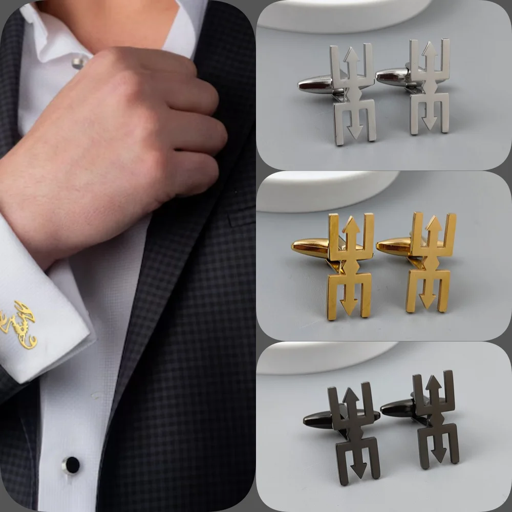 Creative Poseidon Trident cufflinks, men's shirt cuff accessories, silver and black gold-plated, suitable for wedding suits