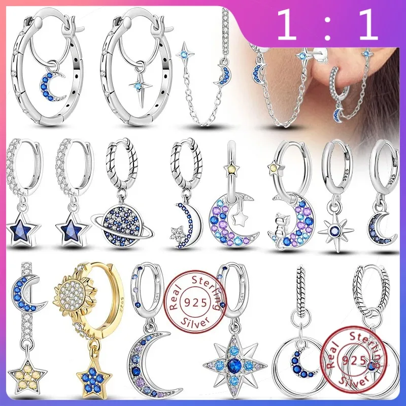 Nuevos Pendientes de Aro de Plata de Ley 925 para Mujer – Pendientes Colgantes con Forma de Estrella y Luna