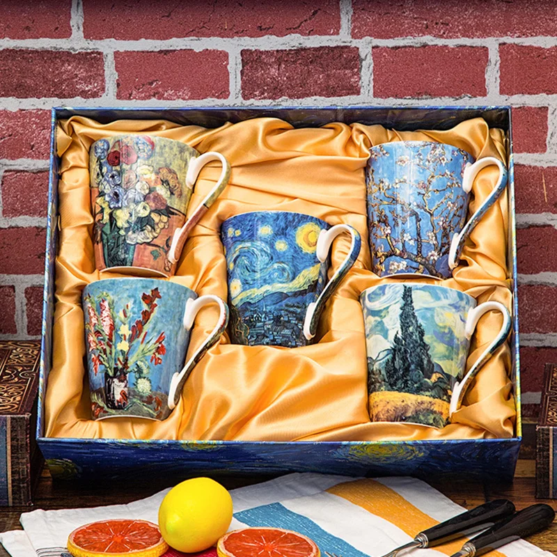 5 Pcs Set Bone China Van Gogh Oil Painting Art Mugs Coffee Cup Flower Tea Tumbler Gift Box Luxury Creative Ceramic Tableware