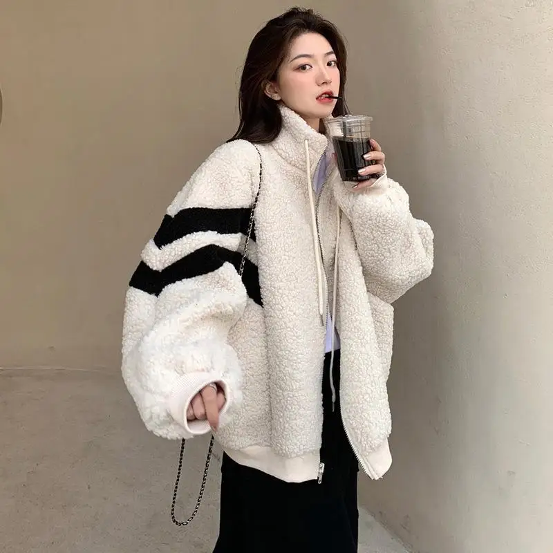 JHJN outdoors camping keep warm Women's clothing the republic of korea chic Lamb plush jacket Design Jacket top