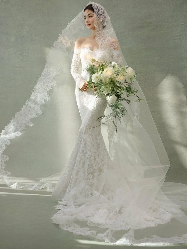 

Long Lace Wedding Dress Fish Tail Photography Studio Theme Couple Portrait Shooting Vintage Oil Painting Style Tailored Gown