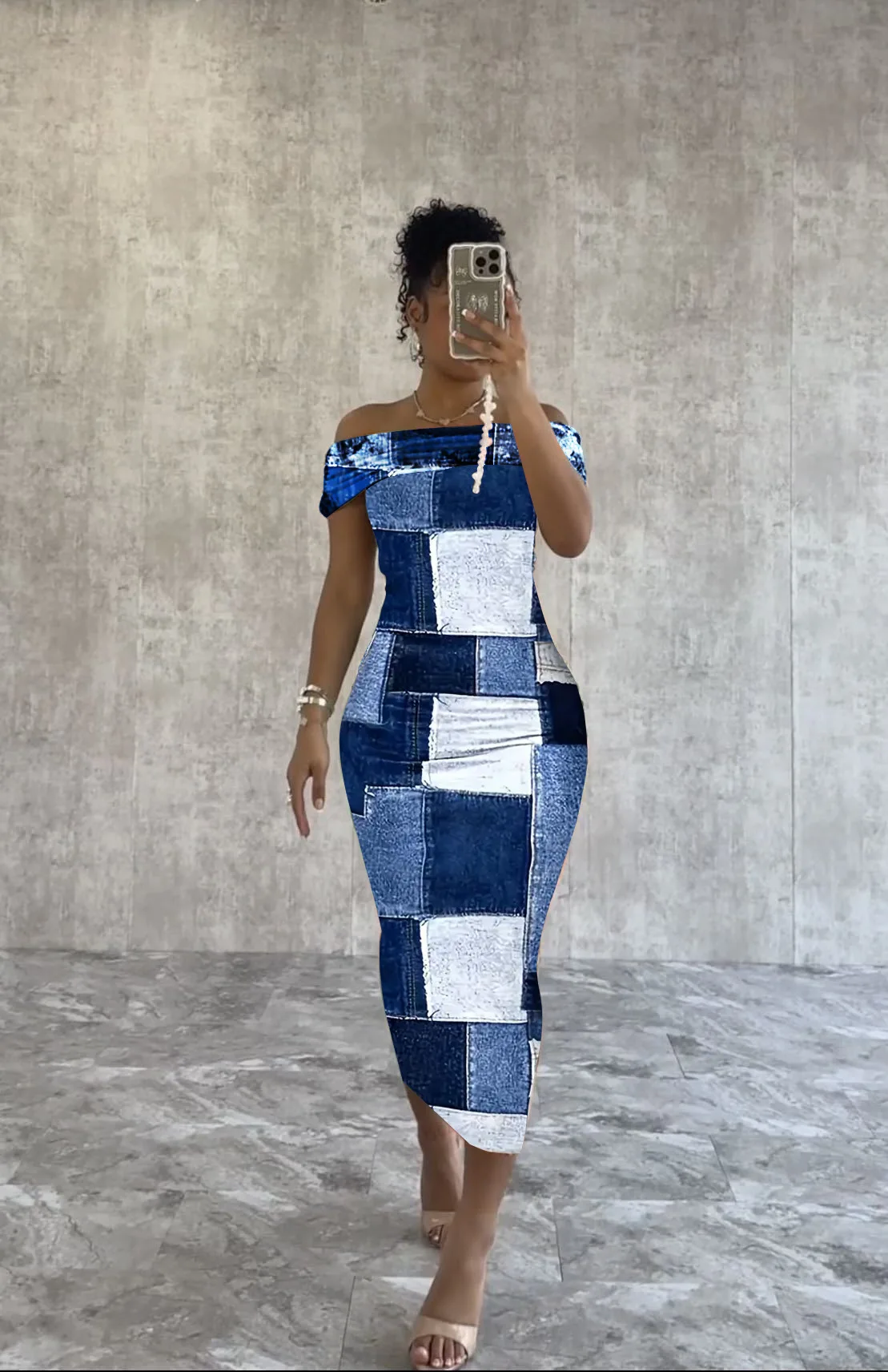 เดรสทรงสอบพิมพ์ลาย Y6024 แบบเปิดไหล่ คอตรง ทรงเข้ารูป สำหรับฤดูใบไม้ผลิและฤดูร้อน เสื้อผ้าผู้หญิง