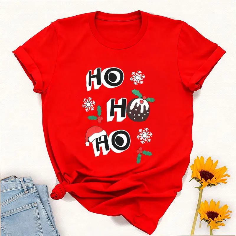 2026 New Holly Snowflake Lovely Christmas Print Top Ladies T-Shirt Crewneck Women's Regular Short Sleeve Summer Female Tee Tops