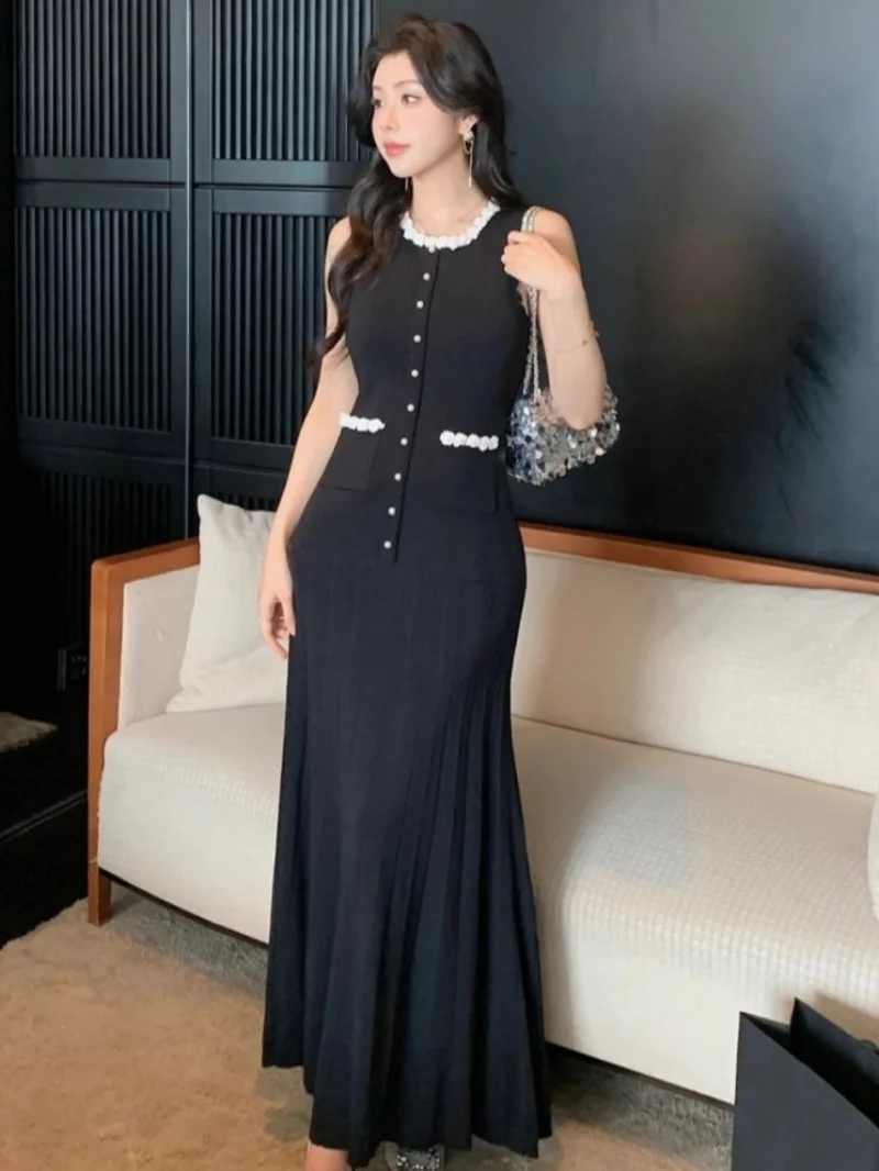 Elegant Colorblock Knitting Dress Summer Clothing Women 2026 Sleeveless O-Neck Maxi Long Dresses OL Style Knitted A-Line Dress