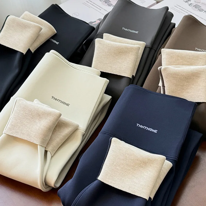 High Waist Fce Lined Yoga Pants Women's Warm Cozy Wool nut Pants Tummy Control Butt Lifting Nine Point Pants Fitn