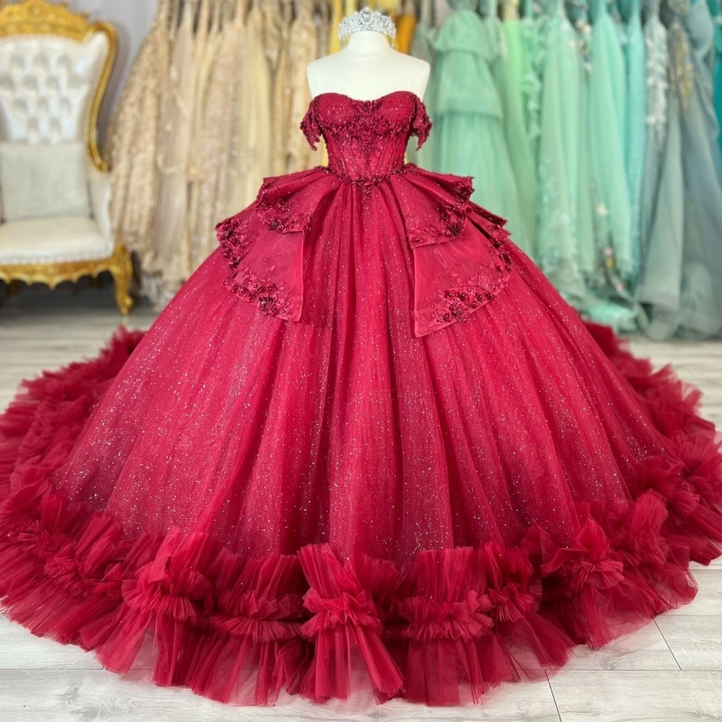 

Red Shiny Ball Gown Quinceanera Dresses Off The Shoulder Applique Flower Beads Tiered Tull Party Birthday Sweet 16 Dress Vestido