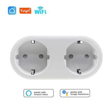 Tuya Wifi Smart Dual Socket Wireless Overload Protection EU Plug Switch App Monitoring Power Outlets Alexa Google Voice Control
