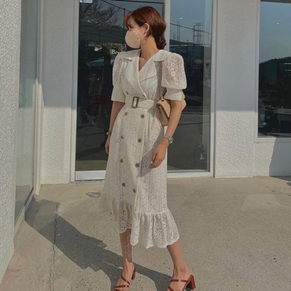 Women\'s Summer Lace Long Blazer Dress with Belt Double Breasted Basics Midi Mermaid Dresses Female 2024