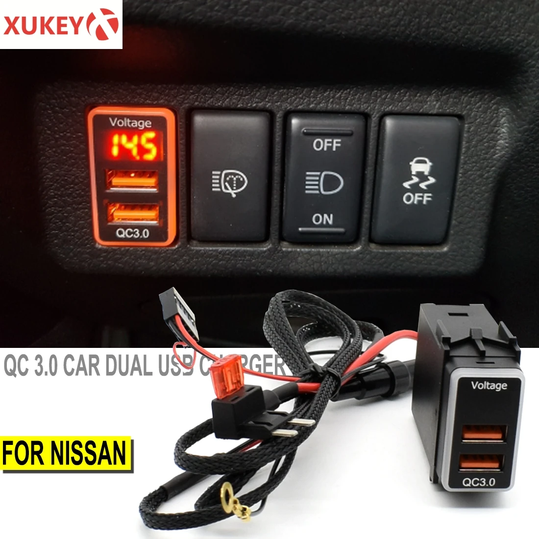

Автомобильное зарядное устройство с двумя USB-портами, QC 3,0, 12 В, кабель для Nissan, адаптер питания, светодиодный дисплей, аксессуары